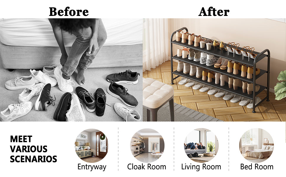 Shoe Rack 3 Tier Long Storage Organizer Wide Metal Shoe Shelf for Closet Entryway Black